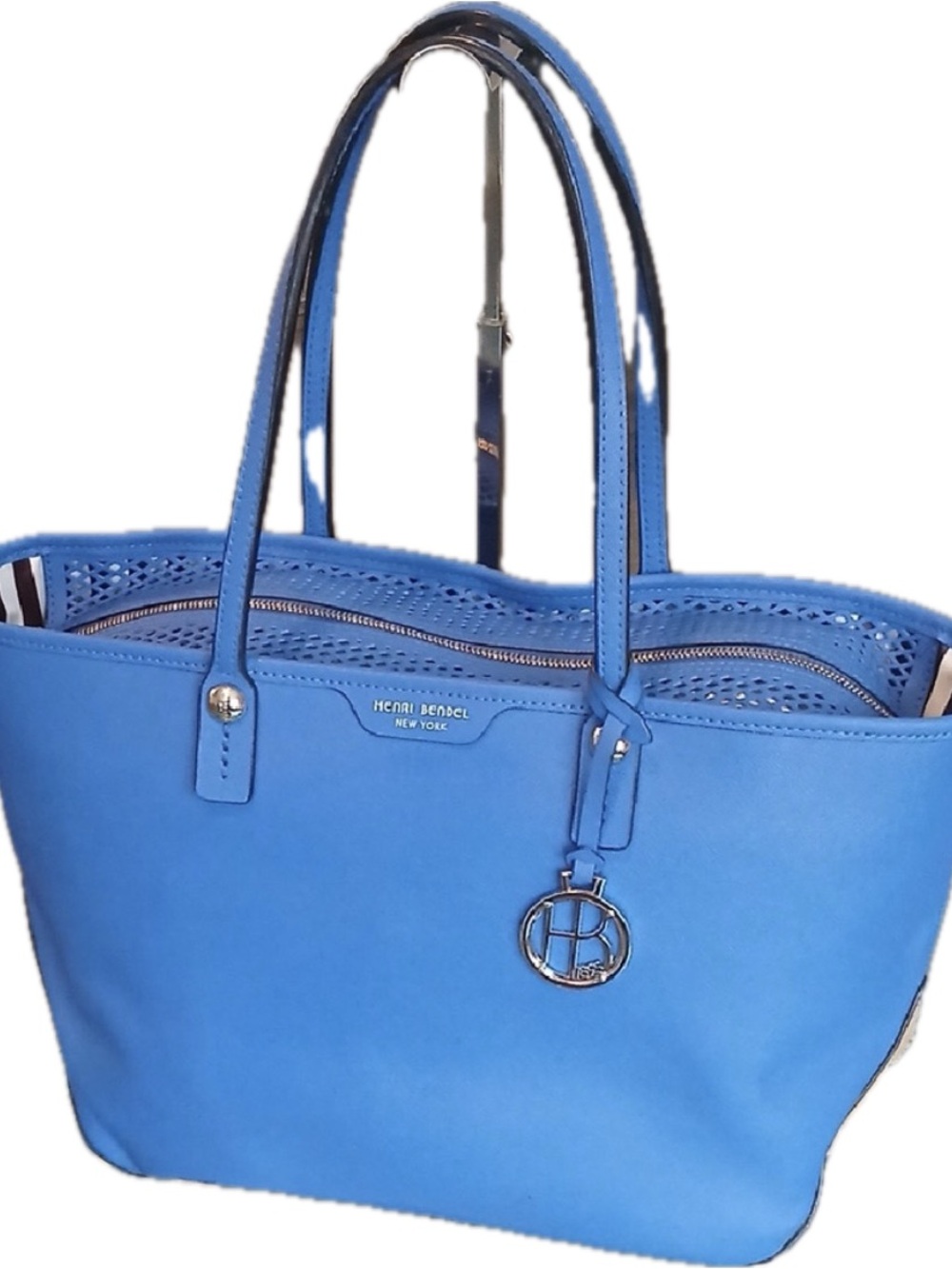 Henri Bendel Bright Blue Perforated Leather Tote Bag Silver Logo Charm EUC